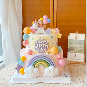 烘焙蛋糕装饰摆件梦幻独角兽骑马女孩粉色，可爱系彩虹马卡龙(马卡龙)球插件