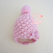 外贸原单欧美粉色菠萝花手工女童冬帽宝宝针织帽粗毛线毛球球帽子