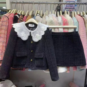 娃娃领羽绒小香风套装，女olx冬季韩系风减龄加厚羊，毛呢a字裙两件套