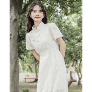 新中式女装伴娘服平时可穿夏季订婚礼服小个子连衣裙登记领小白裙