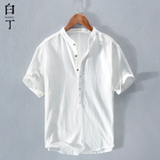 夏季中国风复古立领亚麻短袖，t恤男半袖，棉麻polo白色薄款衬衫体恤