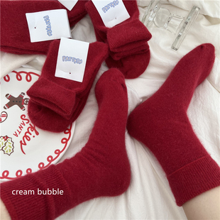 本命年新年袜红色袜子冬季加厚保暖兔毛袜纯色中筒袜羊毛堆堆袜