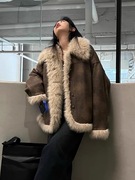 印花麂皮棕色皮毛一体机车服夹克毛毛外套女2023冬季皮草大衣