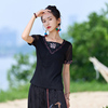 中国风女装2024夏季民族风，时尚复古蕾丝拼接绣花短袖t恤上衣