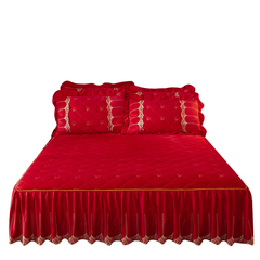 高档结婚用水晶绒床罩床裙款床笠二合一大红色冬季加绒床垫保护套