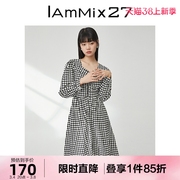 IAmMIX27法式复古长袖连衣裙女高腰显瘦全棉黑白格子中长款茶歇裙