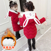 女童冬装棉衣2024棉袄加绒厚外套儿童中长款红色拜年羽绒棉服