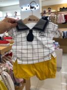 韩国中小童装夏男童(夏男童)宝宝方格海军，领领带短袖t恤短裤套装