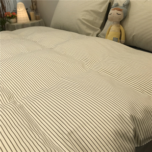 ins简约条纹四件套 全棉纯棉北欧1.5m1.8米被套床单床上灰色质感