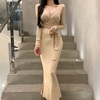 韩国东大门2024春装系带显身材性感女人味V领低胸包臀鱼尾连衣裙
