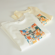 夏季日系小清新甜美白色短袖t恤卡通，猫咪印花学生米色上衣