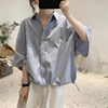 韩国夏季七分袖衬衫女宽松大码显瘦半袖，蝙蝠型文艺棉质大口袋