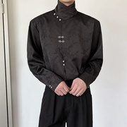 山本耀司纯黑色高领，衬衫男不规则暗纹提花，刺绣外套新中式中山唐装