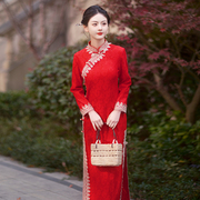 红色长款改良蕾丝旗袍2023年年轻款复古国风长袖气质走秀礼仪