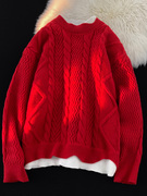 红色假两件加厚毛衣男款冬季高级感圆领针织羊毛衫保暖衣服打底衫