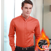 中华立领衬衫男长袖纯棉橙色，商务免烫无领圆领，中山装男士加绒衬衣