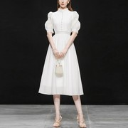 2023夏装女装气质复古泡泡，袖长裙白色收腰中长款连衣裙女