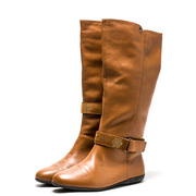 加绒全真皮长靴子女冬棕色，羊皮圆头平跟套筒，骑士马靴暖rz94sf9504