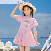 儿童泳衣女公主裙式分体，款可爱彩虹印花女童小中童温泉游泳衣