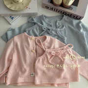 韩版春秋季女宝宝纯色缕空长袖开衫女孩子洋气吊带针织开衫两件套