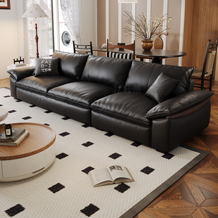 法莎蒂豆腐块真皮沙发高靠背客厅现代简约三人位进口牛皮沙发黑色