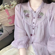 国风紫色刺绣小衫圆领天丝防晒衬衫，女夏季薄款空调罩衫雪纺上衣夏