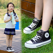 儿童高帮帆布运动鞋男女童春秋季魔术贴学生韩版硫化鞋黑色学生鞋