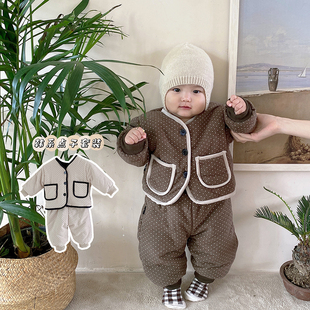 婴幼儿冬装韩版波点，加厚棉衣套装男女，宝宝保暖棉服棉裤两件套