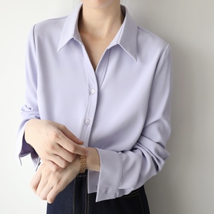  9折淡紫v领衬衫女高级感上衣2022秋季打底衬衣