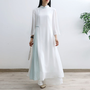 民族风中式盘扣优雅气质立领旗袍，白色雪纺连衣裙，女小众长裙春夏季