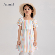 安奈儿童装女童夏款方领短袖，碎花裙棉质连衣裙彩虹条纹小童裙子