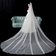 新娘结婚主婚纱头纱，超仙森系简约素纱白色，浅香槟色长款拖尾头纱