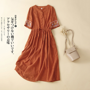 民族风亚麻刺绣连衣裙，女2023夏季系带，收腰气质长裙子宽松森系