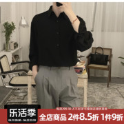 阿茶与阿古黑色垂感衬衫，男韩版长袖潮流，夏季薄款丝滑宽松情侣衬衣
