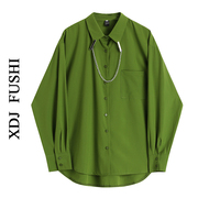 2024春季复古设计感领夹长袖上衣宽松百搭绿色衬衫衬衣显瘦外套潮