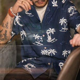 马登工装美式复古巴领椰树沙滩衬衫短袖夏威夷海边度假印花衬衣男