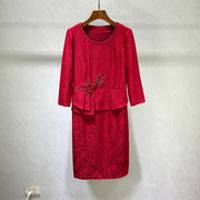 年轻妈妈高端婚宴刺绣连衣裙，女2023春秋气质，遮肚显瘦红色裙子