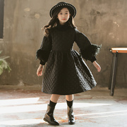 2019冬季韩版女童，保暖连衣裙魔法师菱格蓬蓬裙，中大童羽毛袖子长裙