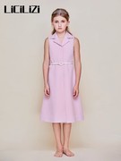 LiCiLiZi粒子女童粉紫色连衣裙西装裙无袖洋气大童翻领礼服裙