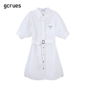 gcrues白色衬衫裙，女中长款夏小个子连衣裙韩版短袖，a字裙翻领