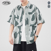 LKTM男装#日系夏威夷衬衫T恤男设计感泡泡纱翻领撞色宽松休闲上衣