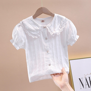 女童衬衣短袖2024夏季韩版娃娃领上衣洋气泡泡袖儿童白色衬衫