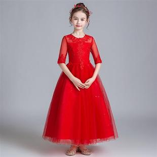 儿童礼服公主裙洋气花童婚纱女童，红色长款小主持人钢琴伴娘服春秋