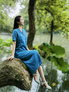 自然小铺原创设计纯亚麻连衣裙，2023夏季文艺复气质，v领a字裙长裙