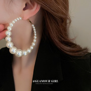 银针超大珍珠耳环法式时尚高级感气质耳圈复古夸张耳饰轻奢女