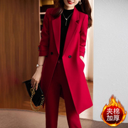 红色西装外套女秋冬2023高端职业装气质女神范中长款风衣套装