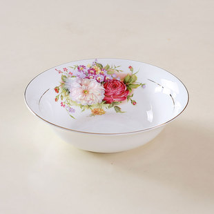 唐山骨瓷9英寸大汤碗，家用斗碗深菜碗欧式金边陶瓷餐具面碗牡丹花