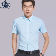 夏季细格子男士短袖衬衫韩版修身商务休闲青年方领浅色正装衬衣寸