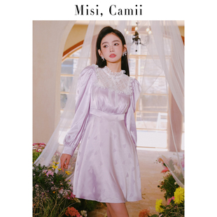 Misi Camii复古蕾丝蝴蝶结2023春夏收腰显瘦气质长袖连衣裙