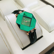 谛诺女表时尚菱形气质真皮带，2021防水绿色，轻奢品牌女士手表